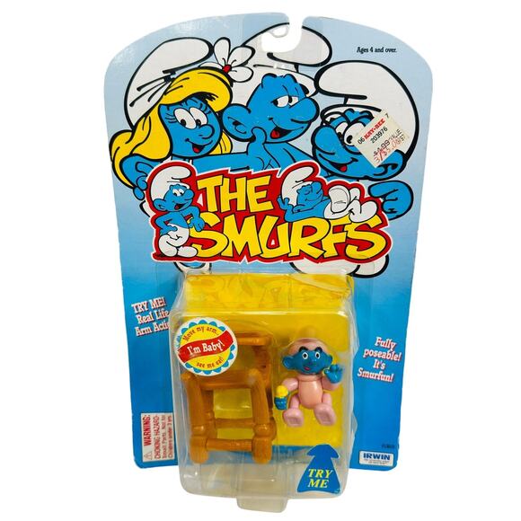 5 for $25| 1996 The Smurfs Baby Smurf with High Chair Figure - Picture 1 of 10